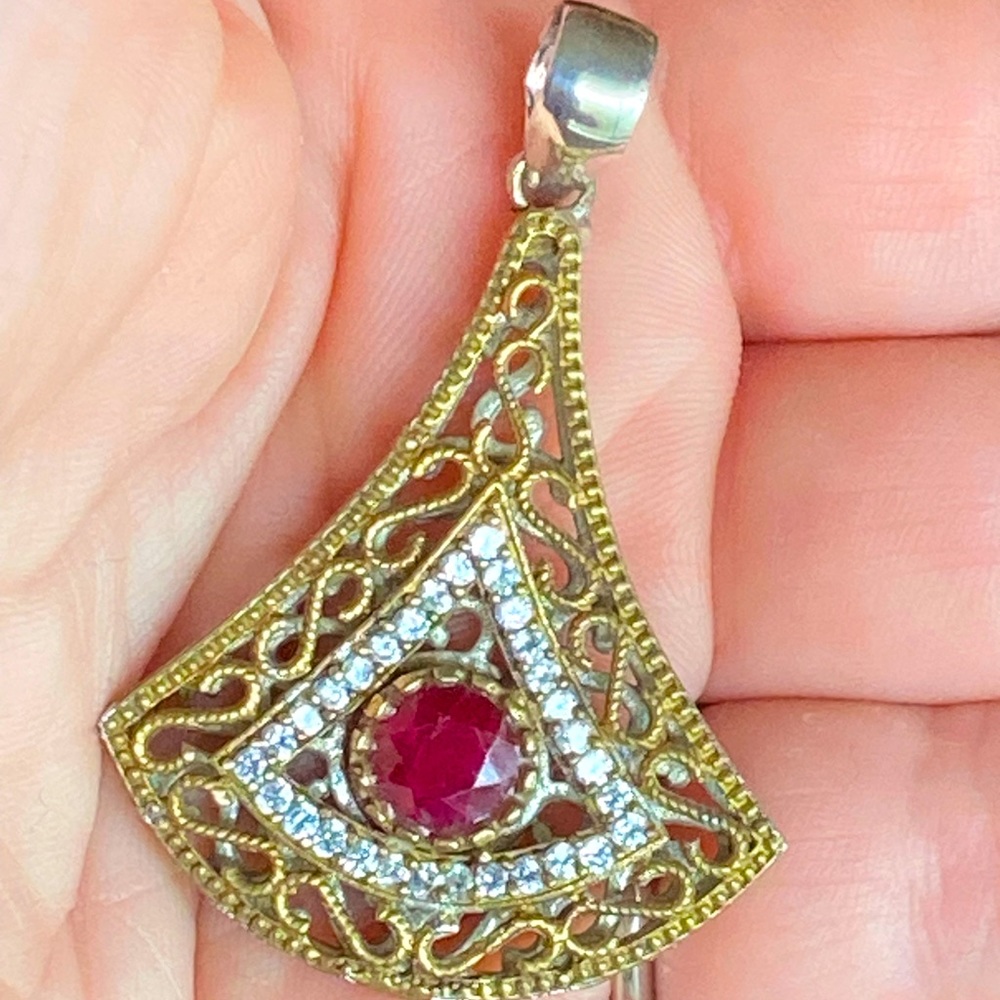Large Turkish Ruby & Diamond Pendant. Vintage.